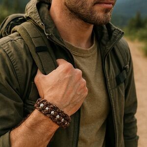 Braided Nylon Cord Bracelet Adjustable Brown with silver colored beads Adult